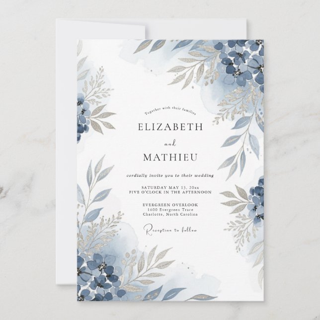 Slate Blue Floral Flourish Wedding Invitation (Front)