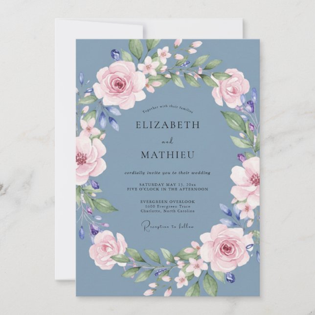 Slate Blue Floral Garland Wedding Invitation (Front)