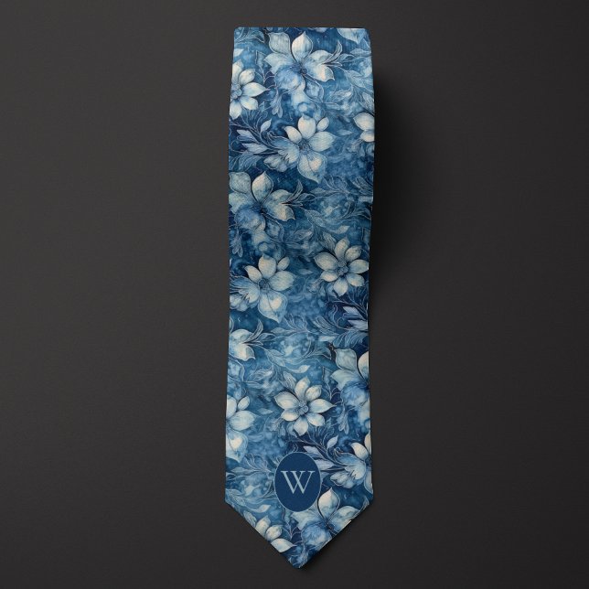 Slate Blue Floral Monogram Tie (Creator Uploaded)