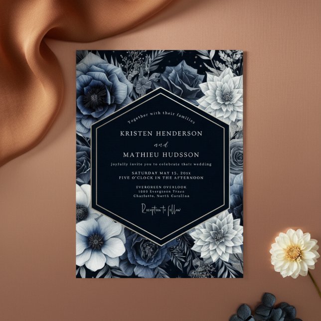 Slate Blue Floral Opulent Wedding Invitation (Creator Uploaded)
