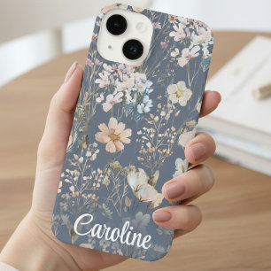Slate Blue Floral Personalized  iPhone 14 Case