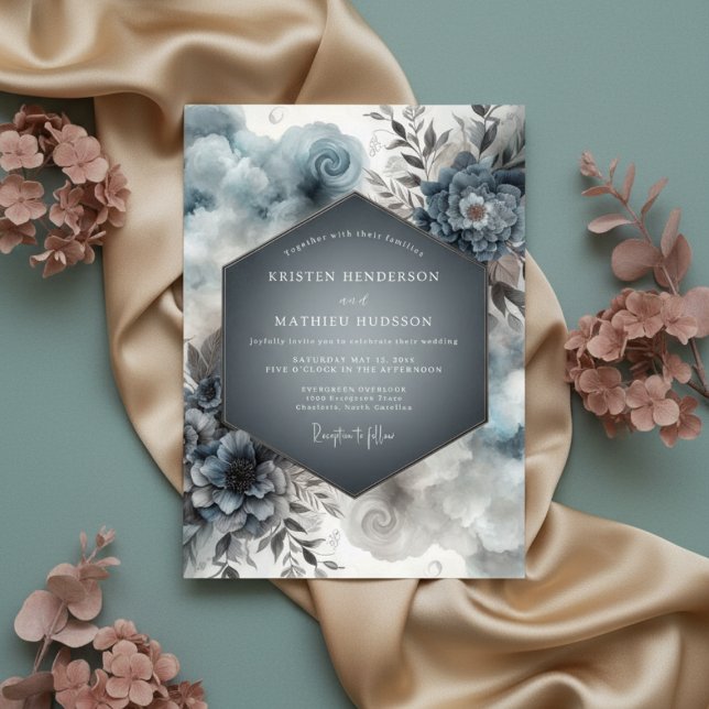 Slate Blue Floral Romance Wedding Invitation (Creator Uploaded)