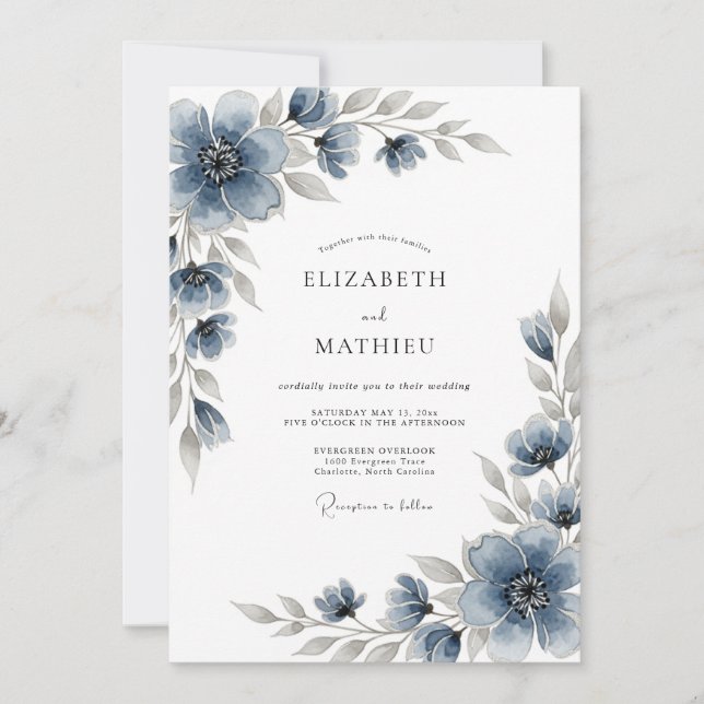 Slate Blue Floral Romantic Wedding Invitation (Front)