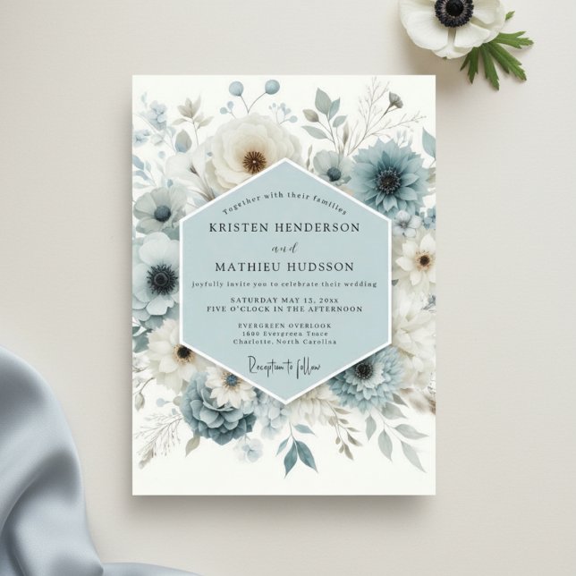 Slate Blue Floral Whimsical Wedding Invitation (Creator Uploaded)