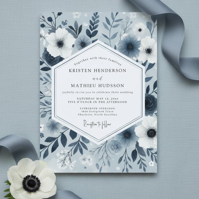 Slate Blue Floral Whimsy Wedding Invitation (Creator Uploaded)