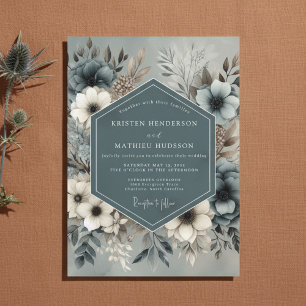 Slate Blue Floral Woodland Wedding Invitation