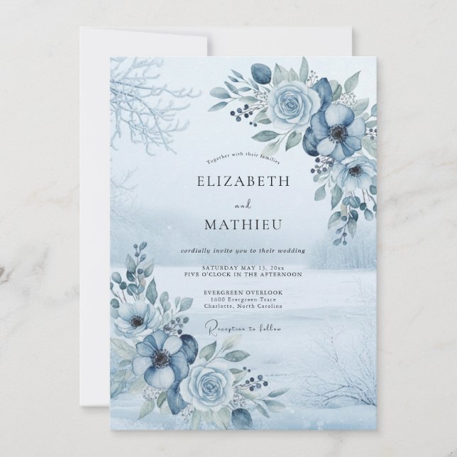 Slate Blue Floral Woodland Wedding Invitation (Front)