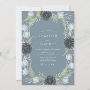 Slate Blue Floral Wreath Wedding Invitation