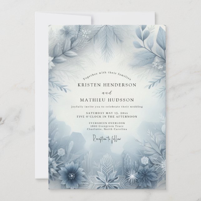Slate Blue Frosty Bloom Wedding Invitation (Front)