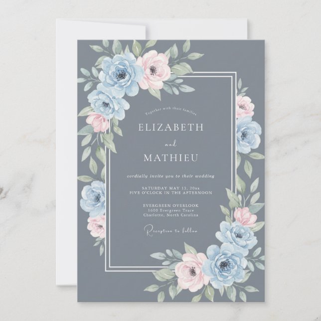 Slate Blue Frosty Botanical Wedding Invitation (Front)