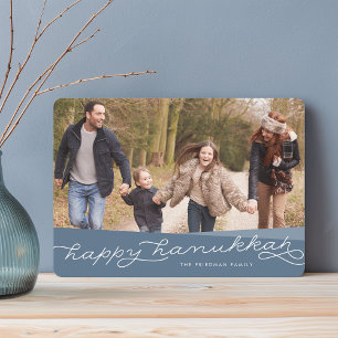 Slate Blue Geo Script Hanukkah Photo Holiday Card