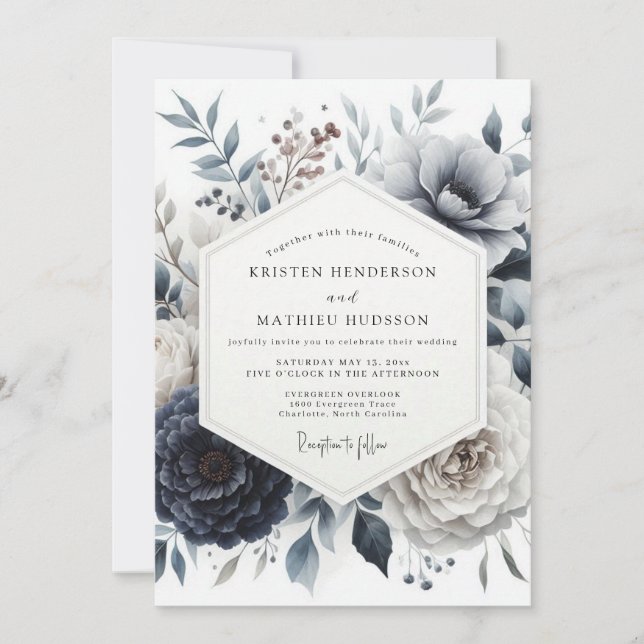 Slate Blue Glacial Bloom Wedding Invitation (Front)