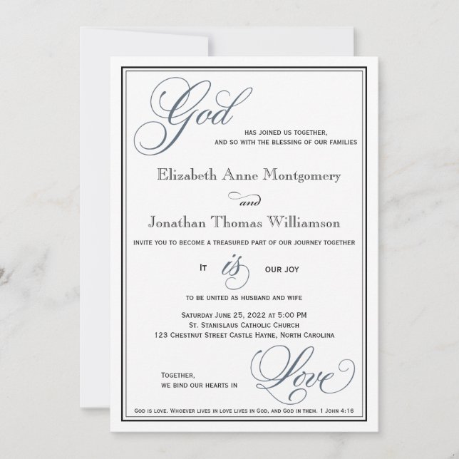 Slate Blue God is Love Christian Wedding Invitation (Front)