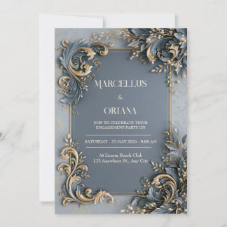 Slate Blue Gold Baroque Wedding Invitation