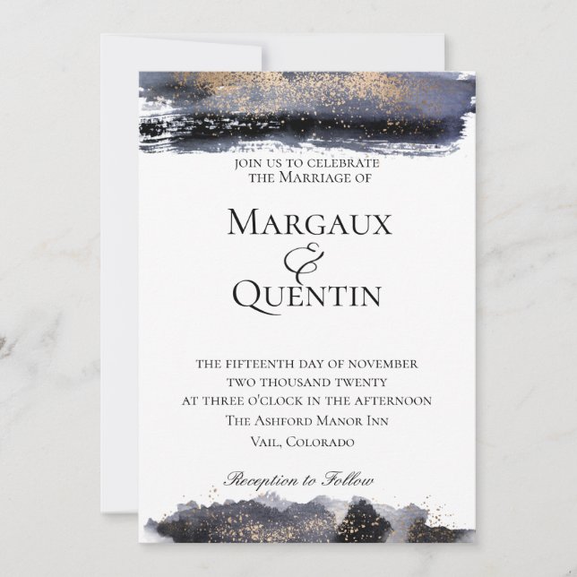 Slate Blue Golden Brush Wedding Invitation (Front)