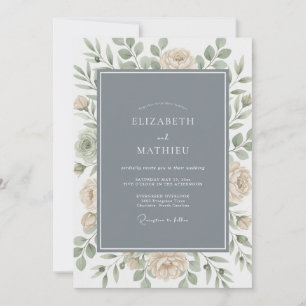Slate Blue Graceful Botanical Wedding Invitation