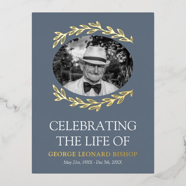 Slate Blue Greenery Frame Oval Photo Funeral Gold Foil Invitation Postcard (Front)