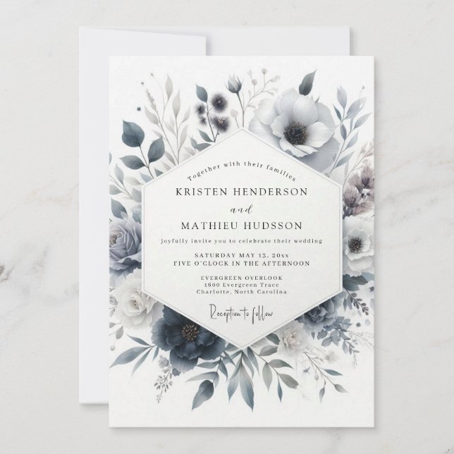 Slate Blue Hazy Floral Wedding Invitation (Front)