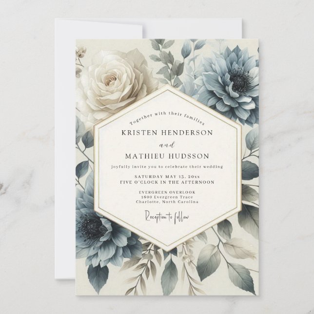 Slate Blue Heirloom Bloom Wedding Invitation (Front)