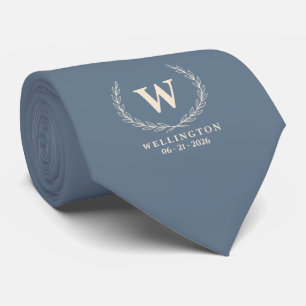 Slate Blue Ivory Laurel Monogram Name Wedding Date Tie