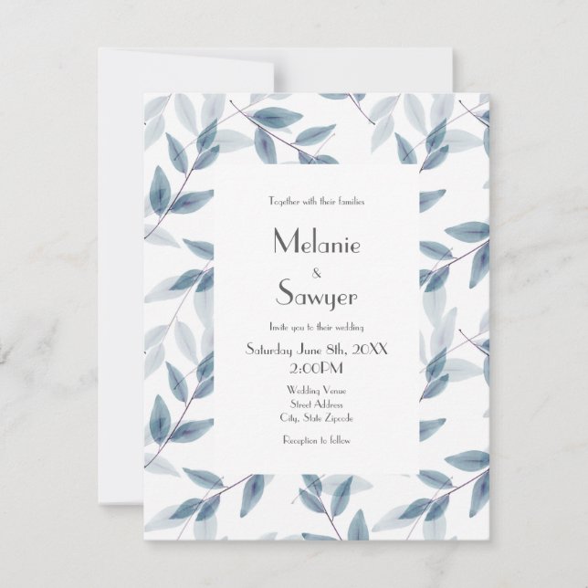 Slate Blue Layered Watercolor Leaves  Invitation (Front)