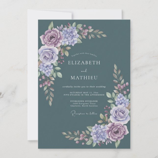 Slate Blue Lilac Floral Wedding Invitation (Front)