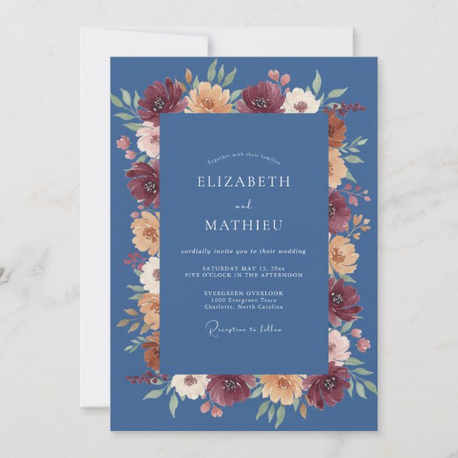 Slate Blue Lush Autumn Wedding Invitation (Front)