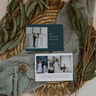 Slate Blue Married New Year   Elegant Wedding  Holiday Card