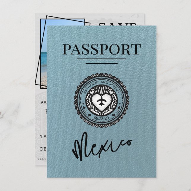 Slate Blue Mexico Passport Save The Date (Front/Back)