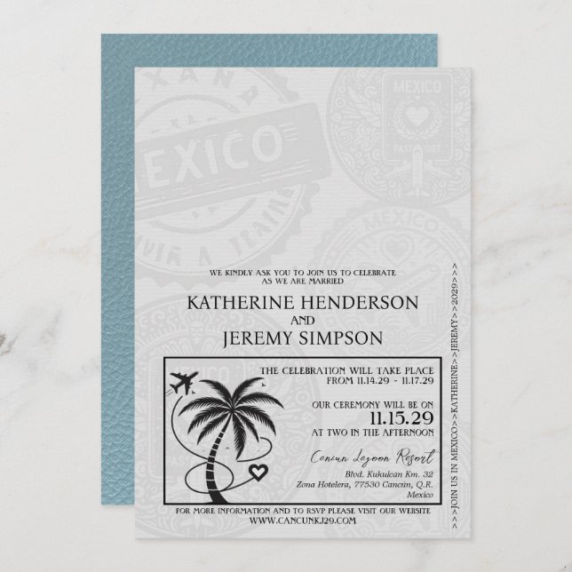 Slate Blue Mexico Passport Wedding Invitation (Front/Back)