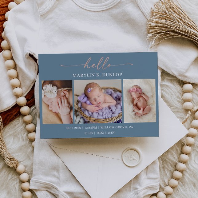 Slate Blue Minimalist Photo Baby Announcement Card (Creator Uploaded)