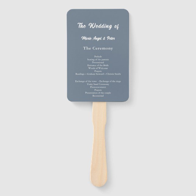 Slate Blue Minimalist Typography Wedding Program Hand Fan (Front)