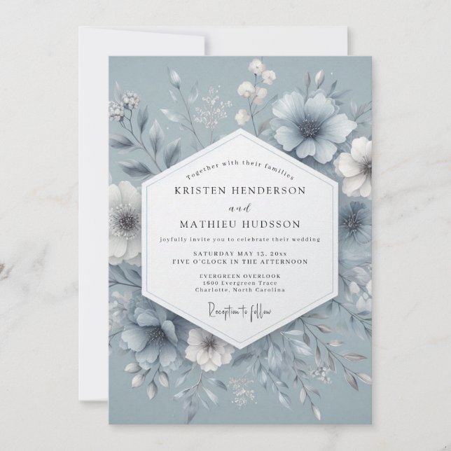 Slate Blue Misty Bloom Wedding Invitation (Front)