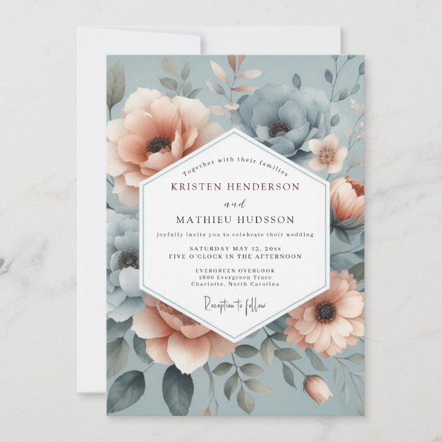 Slate Blue Misty Floral Wedding Invitation (Front)