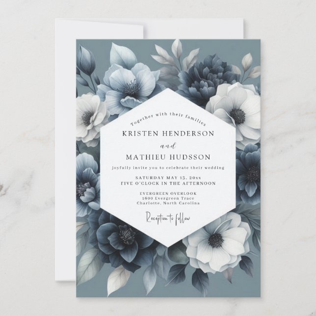 Slate Blue Moody Bloom Wedding Invitation (Front)