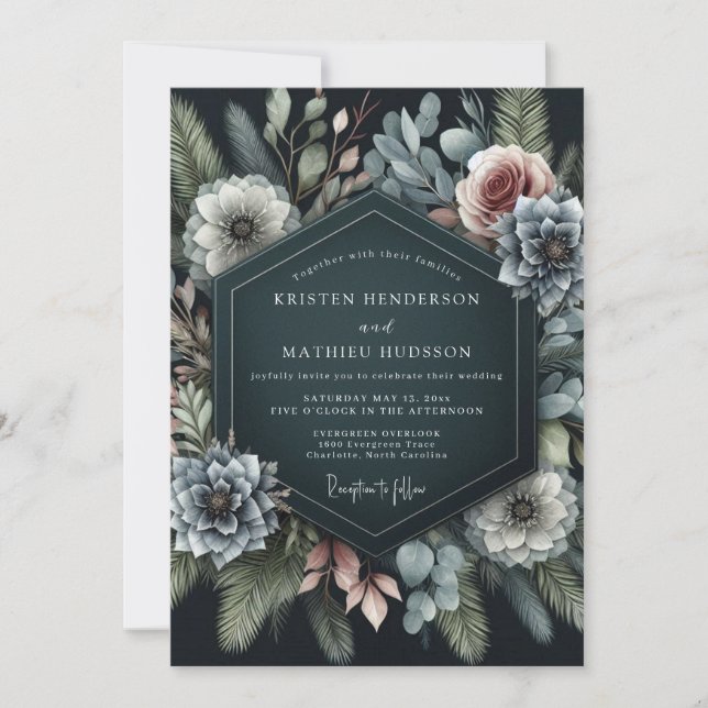 Slate Blue Moody Flora Wedding Invitation (Front)