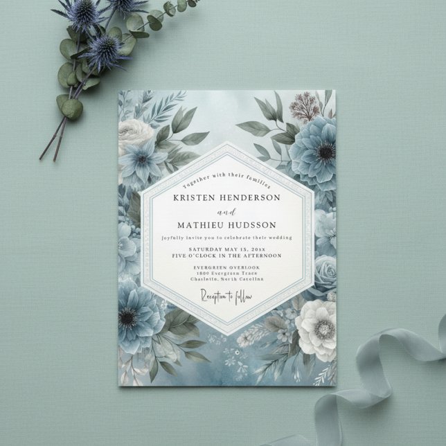 Slate Blue Moody Floral Flourish Wedding Invitation (Creator Uploaded)