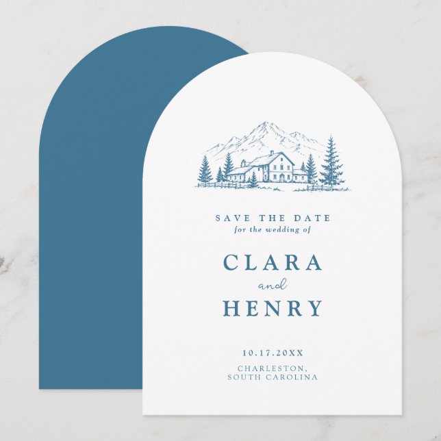 Slate Blue Mountain Winter Save the Date Card (Front/Back)