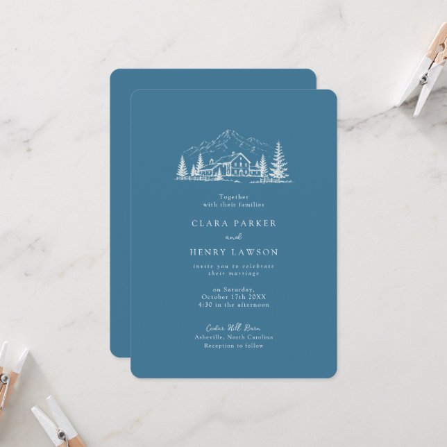 Slate Blue Mountain Winter Wedding Invitation (Front/Back In Situ)