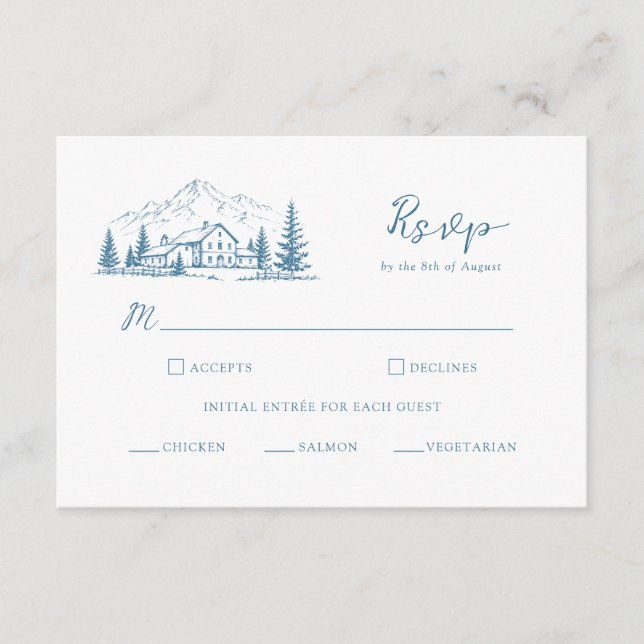 Slate Blue Mountain Winter Wedding RSVP Card (Front)