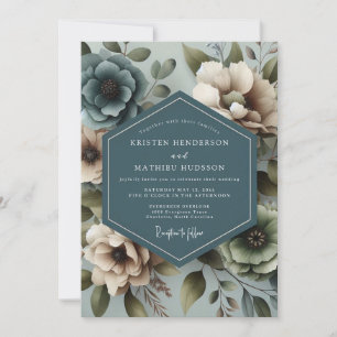 Slate Blue Muted Floral Wedding Invitation