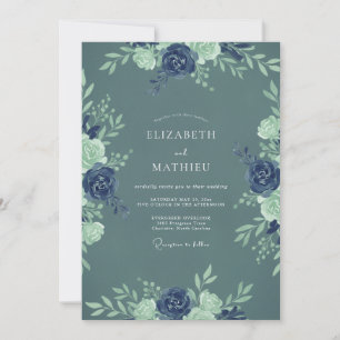 Slate Blue Navy Botanical Wedding Invitation