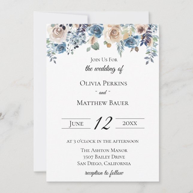 Slate Blue Neutral Floral Wedding Invitation (Front)