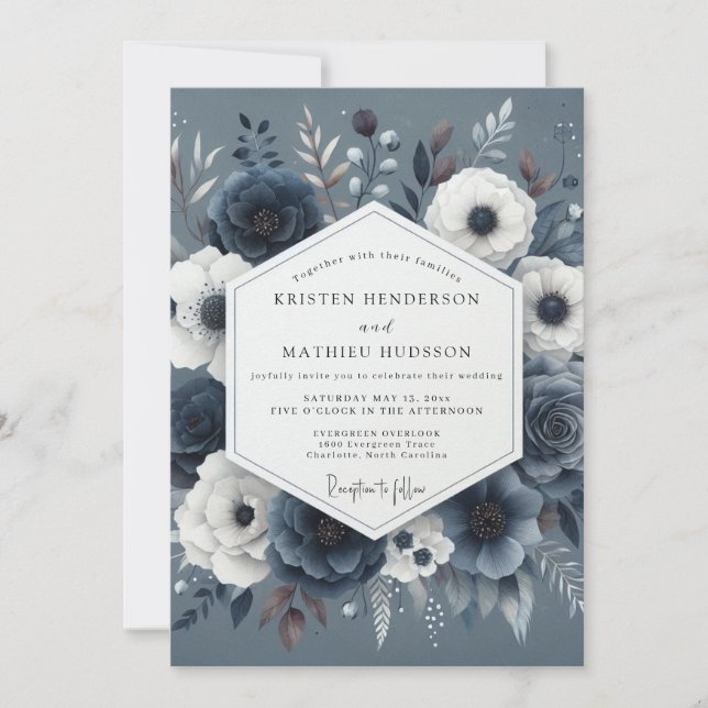 Slate Blue Nocturnal Bloom Wedding Invitation (Front)