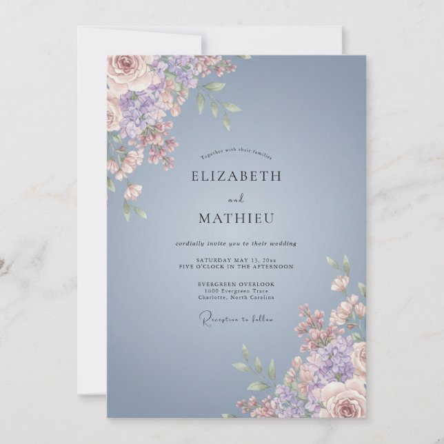 Slate Blue Painted Bloom Wedding Invitation (Front)