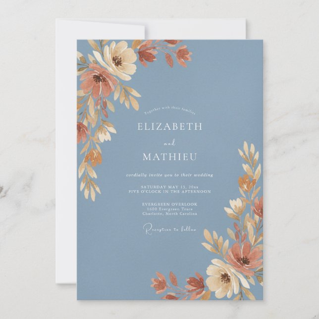 Slate Blue Painterly Autumn Wedding Invitation (Front)