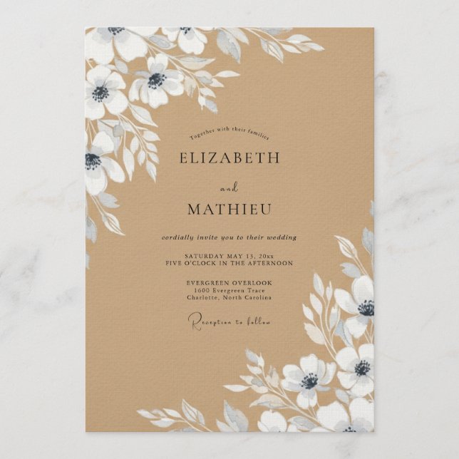 Slate Blue Painterly Blossom Wedding Invitation (Front)