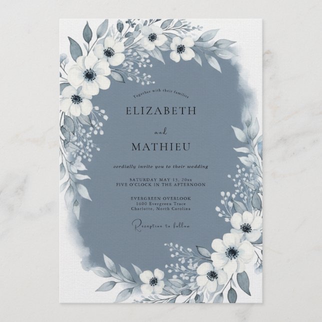 Slate Blue Painterly Flourish Wedding Invitation (Front)