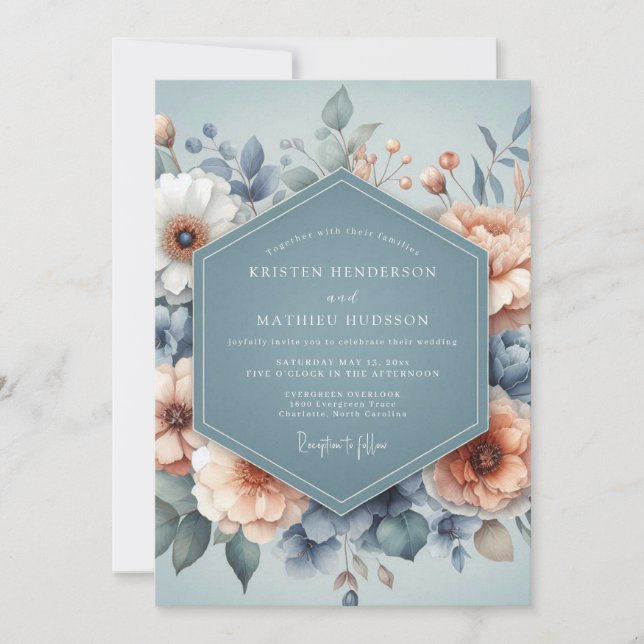 Slate Blue Pastel Bloom Wedding Invitation (Front)