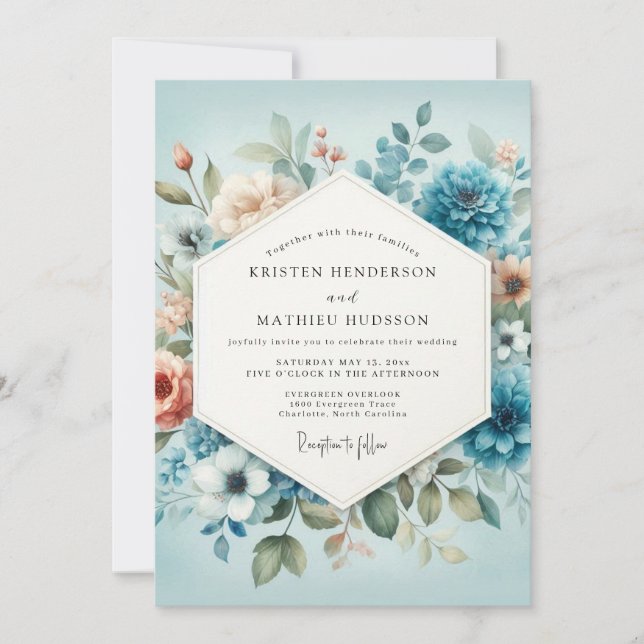 Slate Blue Peach Aquarelle Wedding Invitation (Front)